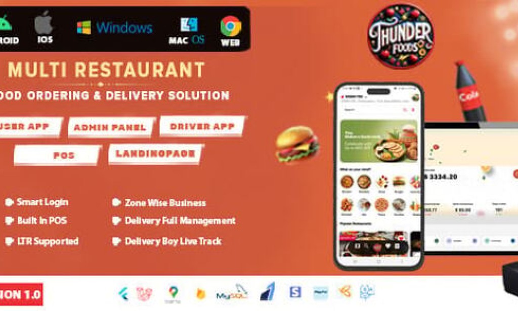ThunderFood v1.2 – Multi Restaurant Food Ordering & Delivery Solution (User, Driver, Admin, POS) Source