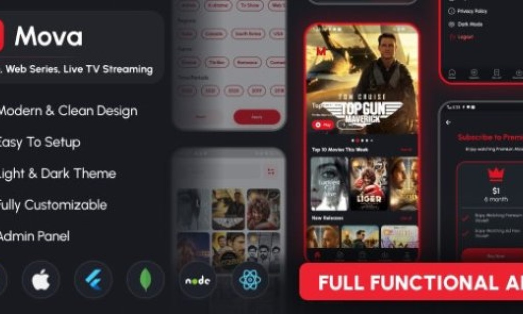 Mova (28-9-23) – Movie, Web Series, Live TV Streaming Flutter App script with Admin Panel Source