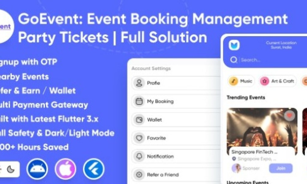 GoEvent v1.2 – Event Booking Management | Event Planner | Ticket Booking | Flutter Full Solution App Source