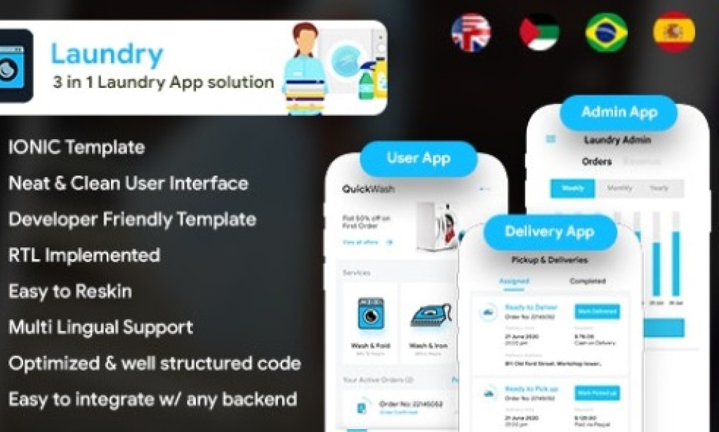 QuickWash v2.8 – 6 App Template | Laundry Booking App | Single Vendor Laundry App | Laundry Ordering App Source