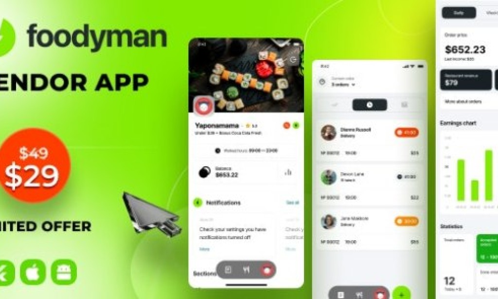 Foodyman v2023-4 – Multi – Restaurant (and Grocery) Vendor App (iOS & Android) Source
