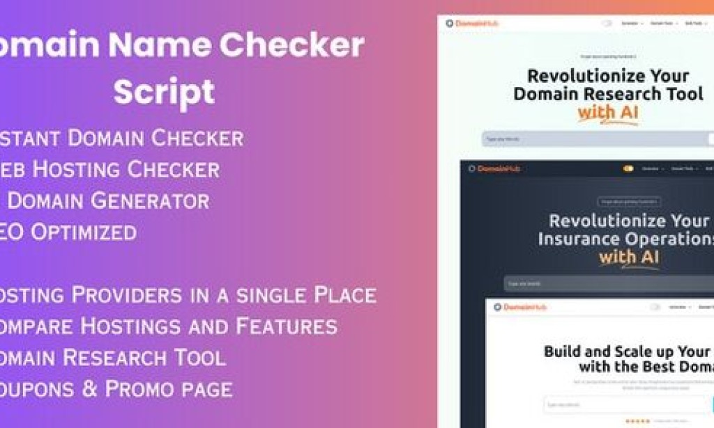 Domain Hub (20 Feb 2024) – Domain Checker, AI Name Generator, Who-is-hosting, Whois, DNS React Nextjs Tools Script