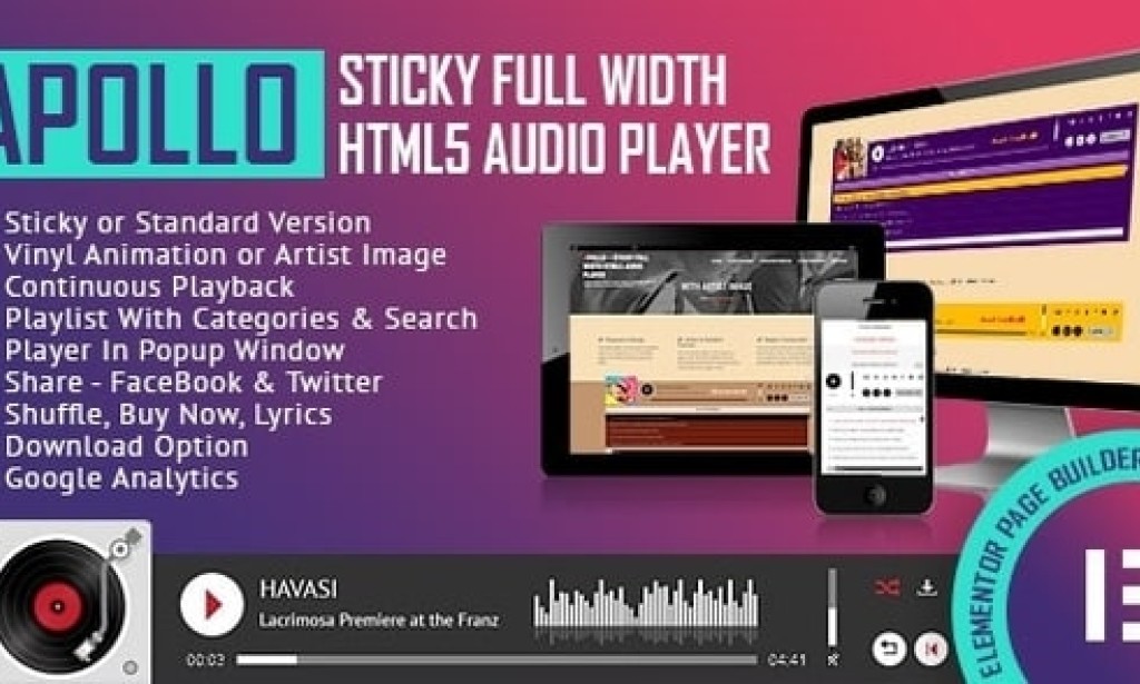 Apollo v1.0 – Sticky Full Width HTML5 Audio Player – Elementor Widget Addon Free