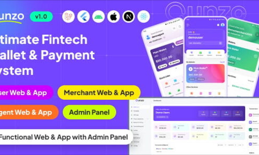 Qunzo v1.8 – Fintech Wallet App and Web with User, Agent and Merchant Modules Including Admin Panel Source