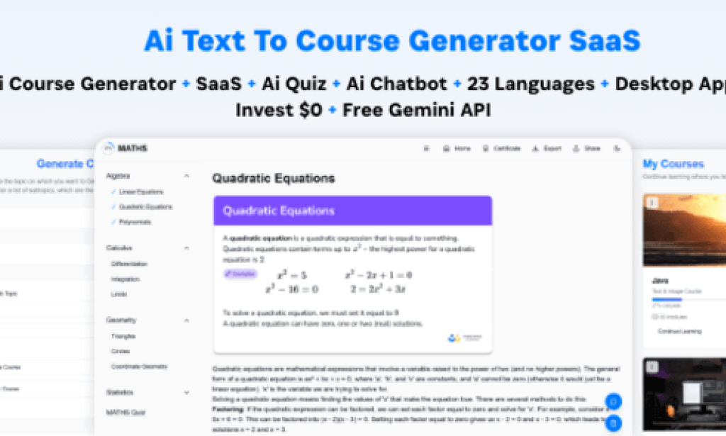Ai Course Generator v5.0 – Text To Course SaaS Ai Quiz Ai Chat Translation Earn Desktop App React Admin Script